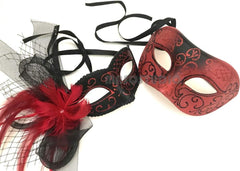 Couple Red Masquerade Feather Netting Mask Pair Costume Carnival Party