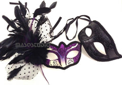 Couple Purple Masquerade Ball Mask Pair Feather Mardi Gras Party Valentines Gift for Her