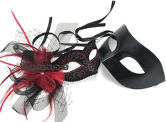 Couples Black Veil Masquerade Ball Mask Pair Flapper Feather Mardi Gras Birthday Party Wear