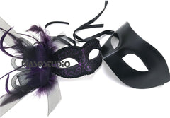 Couples Black Veil Masquerade Ball Mask Pair Flapper Feather Mardi Gras Birthday Party Wear