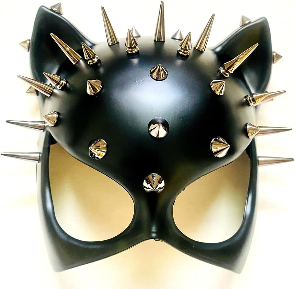 Black spiked cat masquerade mask, centered front view