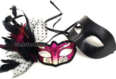 Couple Fuchsia Hot Pink Masquerade Ball Mask Pair Feather Birthday Quinceanera Party Prom