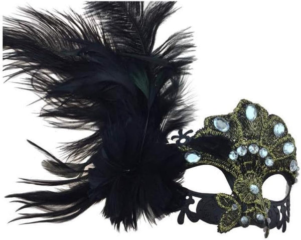 Black Lace Masquerade Mask Feather Sparkling Crystals Coachella Party Mask