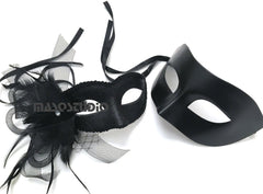 Couples Black Veil Masquerade Ball Mask Pair Flapper Feather Mardi Gras Birthday Party Wear