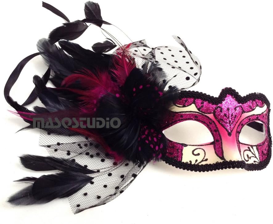Couple Fuchsia Hot Pink Masquerade Ball Mask Pair Feather Birthday Quinceanera Party Prom