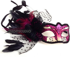 Couple Fuchsia Hot Pink Masquerade Ball Mask Pair Feather Birthday Quinceanera Party Prom