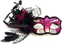 Couple Fuchsia Hot Pink Masquerade Ball Mask Pair Feather Birthday Quinceanera Party Prom