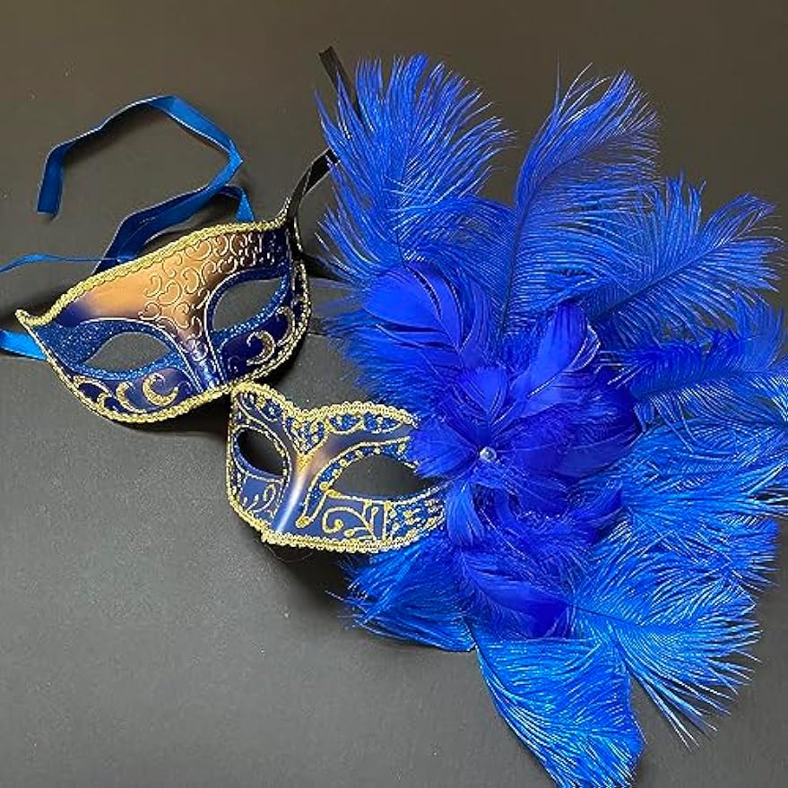 Two blue and gold masquerade masks with dramatic blue feathers