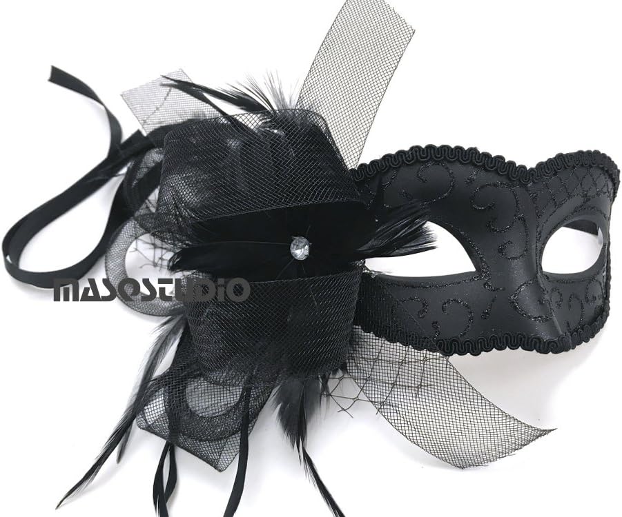 Black Purple Red Masquerade Ball Mask Flapper Veil Feather Mardi Gras Birthday Party Prom