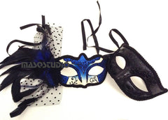 Couples Blue Masquerade Ball Mask Feather Carnival Party Parade Costume Dress up