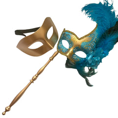 MASQ Masquerade ball stick mask Pair Detachable Handle Ostrich Feather Christmas New Year Mardi Gras Carnival Party