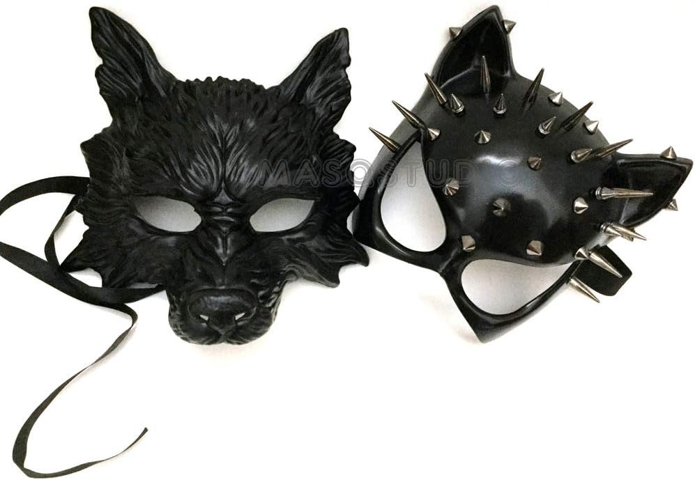 Black Cat Woman & Wolf Man Masquerade Mask Pair - Hand-Painted Resin Cosplay