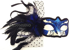 Couple Blue Masquerade Ball Mask Pair Feather Mardi Gras Party Valentines Gift for Her