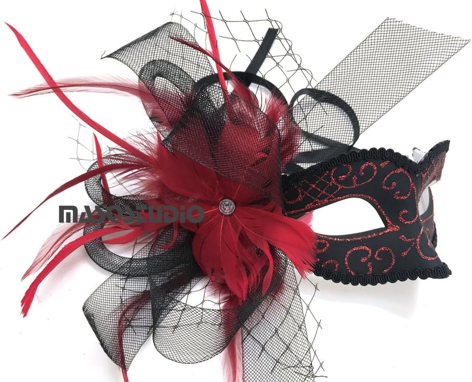 Black Purple Red Masquerade Ball Mask Flapper Veil Feather Mardi Gras Birthday Party Prom