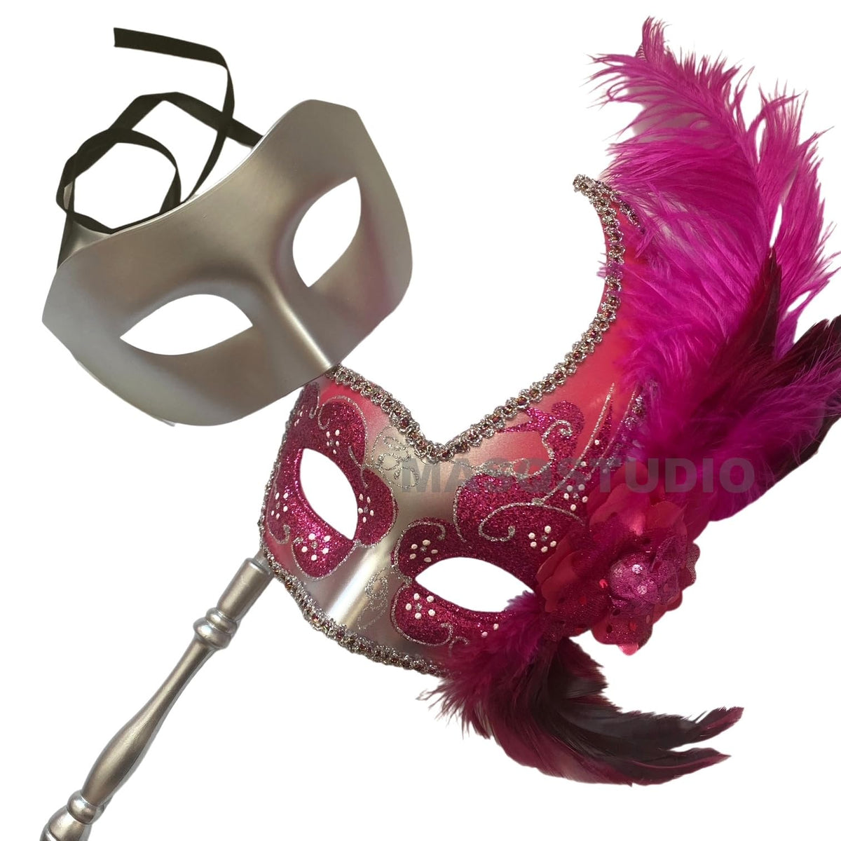 MASQ Masquerade ball stick mask Pair Detachable Handle Ostrich Feather Christmas New Year Mardi Gras Carnival Party