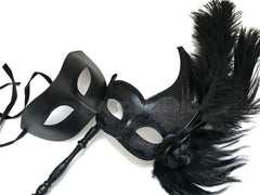 Black Masquerade Ball Mask Pair Ostrich Feather Cosplay Costume New Year Party