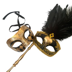 MASQ Couples Black Masquerade Stick Feather Mask Pair Cosplay Dance Prom Birthday Mardi Gras Party