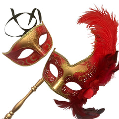MASQ Masquerade ball stick mask Pair Detachable Handle Ostrich Feather Christmas New Year Mardi Gras Carnival Party