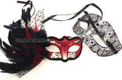 Couples Red Masquerade Ball Mask Pair Feather Mardi Gras Party Valentines Gift for Her