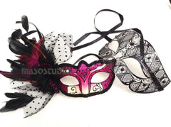 Couple Fuchsia Hot Pink Masquerade Ball Mask Pair Feather Birthday Quinceanera Party Prom