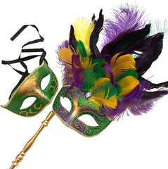 MASQ Couples Black Masquerade Stick Feather Mask Pair Cosplay Dance Prom Birthday Mardi Gras Party