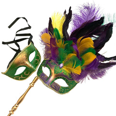MASQ Couples Black Masquerade Stick Feather Mask Pair Cosplay Dance Prom Birthday Mardi Gras Party
