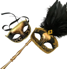 MASQ Couples Black Masquerade Stick Feather Mask Pair Cosplay Dance Prom Birthday Mardi Gras Party
