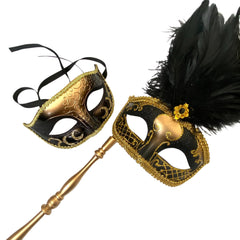 MASQ Couples Black Masquerade Stick Feather Mask Pair Cosplay Dance Prom Birthday Mardi Gras Party