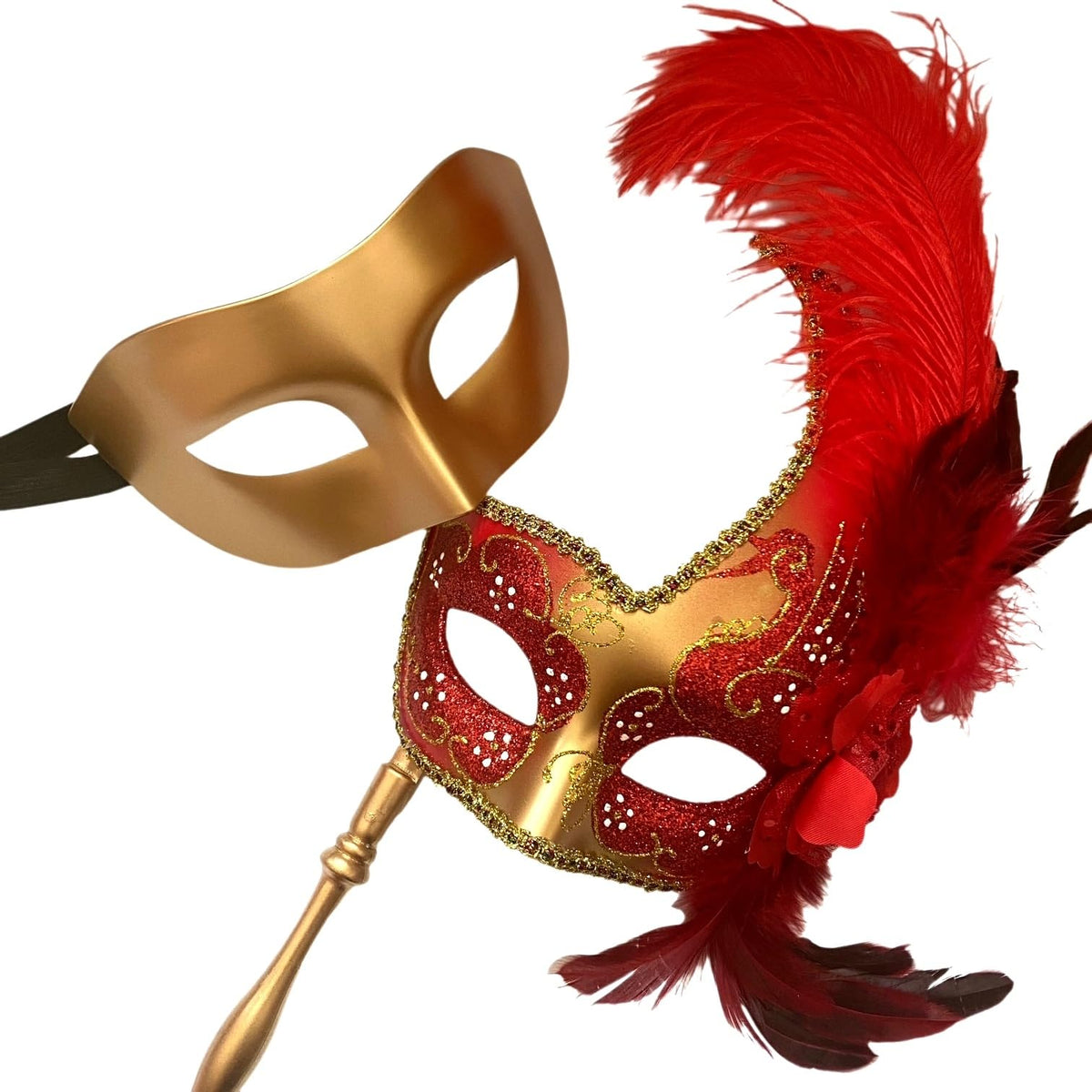 MASQ Masquerade ball stick mask Pair Detachable Handle Ostrich Feather Christmas New Year Mardi Gras Carnival Party