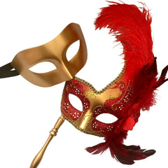 MASQ Masquerade ball stick mask Pair Detachable Handle Ostrich Feather Christmas New Year Mardi Gras Carnival Party