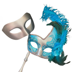 MASQ Masquerade ball stick mask Pair Detachable Handle Ostrich Feather Christmas New Year Mardi Gras Carnival Party