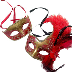 Couples Black Gold Masquerade Ball Mask Pair Feather Mardi Gras Party Valentines Gift for Her