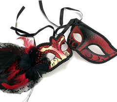 Couples Red Masquerade Ball Mask Pair Feather Mardi Gras Party Valentines Gift for Her