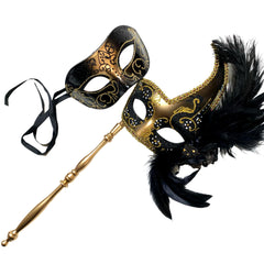 MASQ Masquerade ball stick mask Pair Detachable Handle Ostrich Feather Christmas New Year Mardi Gras Carnival Party