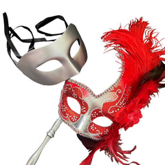 MASQ Masquerade ball stick mask Pair Detachable Handle Ostrich Feather Christmas New Year Mardi Gras Carnival Party