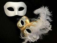 White Masquerade Ball Mask Pair Set Lace Feather Mardi Gras New Year Party for Her