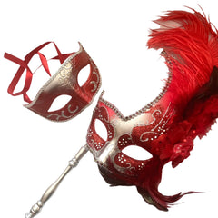 MASQ Masquerade ball stick mask Pair Detachable Handle Ostrich Feather Christmas New Year Mardi Gras Carnival Party