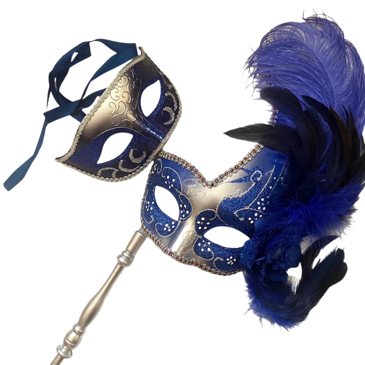 MASQ Masquerade ball stick mask Pair Detachable Handle Ostrich Feather Christmas New Year Mardi Gras Carnival Party