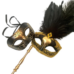 MASQ Couples Black Masquerade Stick Feather Mask Pair Cosplay Dance Prom Birthday Mardi Gras Party