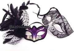 Couples Purple Masquerade Ball Mask Pair Feather Mardi Gras Party Valentines Gift for Her