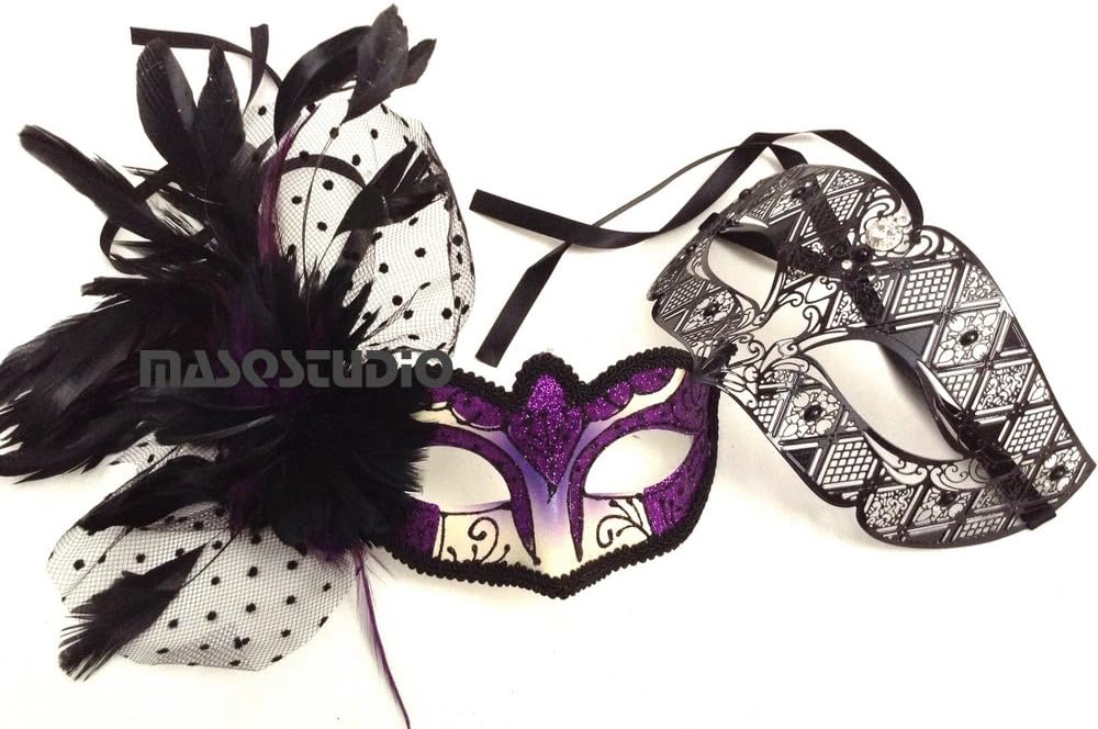 Couples Purple Masquerade Ball Mask Pair Feather Mardi Gras Party Valentines Gift for Her