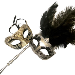 MASQ Couples Black Masquerade Stick Feather Mask Pair Cosplay Dance Prom Birthday Mardi Gras Party