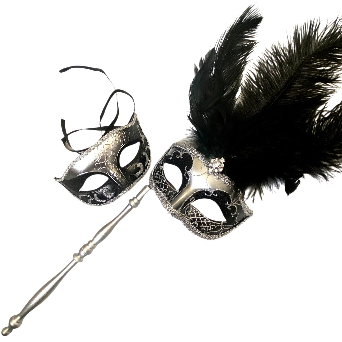 MASQ Couples Black Masquerade Stick Feather Mask Pair Cosplay Dance Prom Birthday Mardi Gras Party
