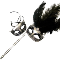 MASQ Couples Black Masquerade Stick Feather Mask Pair Cosplay Dance Prom Birthday Mardi Gras Party