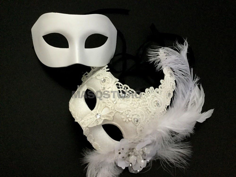 White Masquerade Ball Mask Pair Set Lace Feather Mardi Gras New Year Party for Her