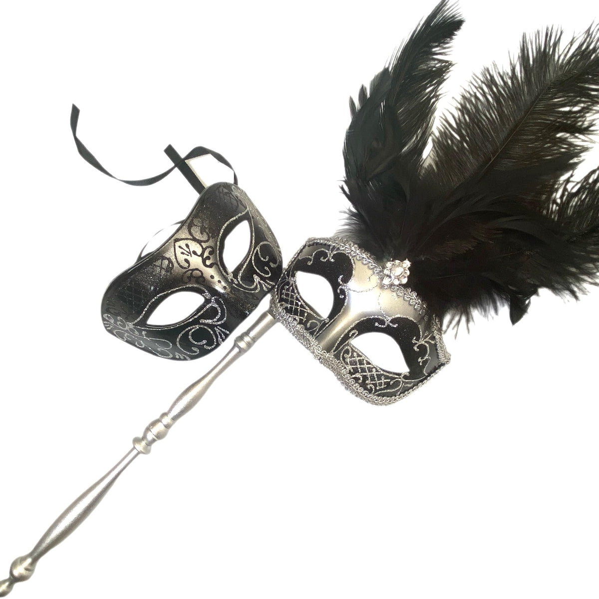MASQ Couples Black Masquerade Stick Feather Mask Pair Cosplay Dance Prom Birthday Mardi Gras Party