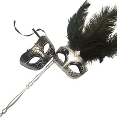 MASQ Couples Black Masquerade Stick Feather Mask Pair Cosplay Dance Prom Birthday Mardi Gras Party