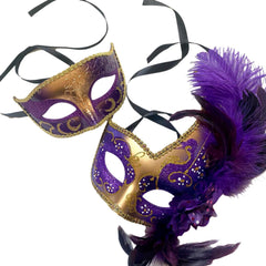 Couples Black Gold Masquerade Ball Mask Pair Feather Mardi Gras Party Valentines Gift for Her