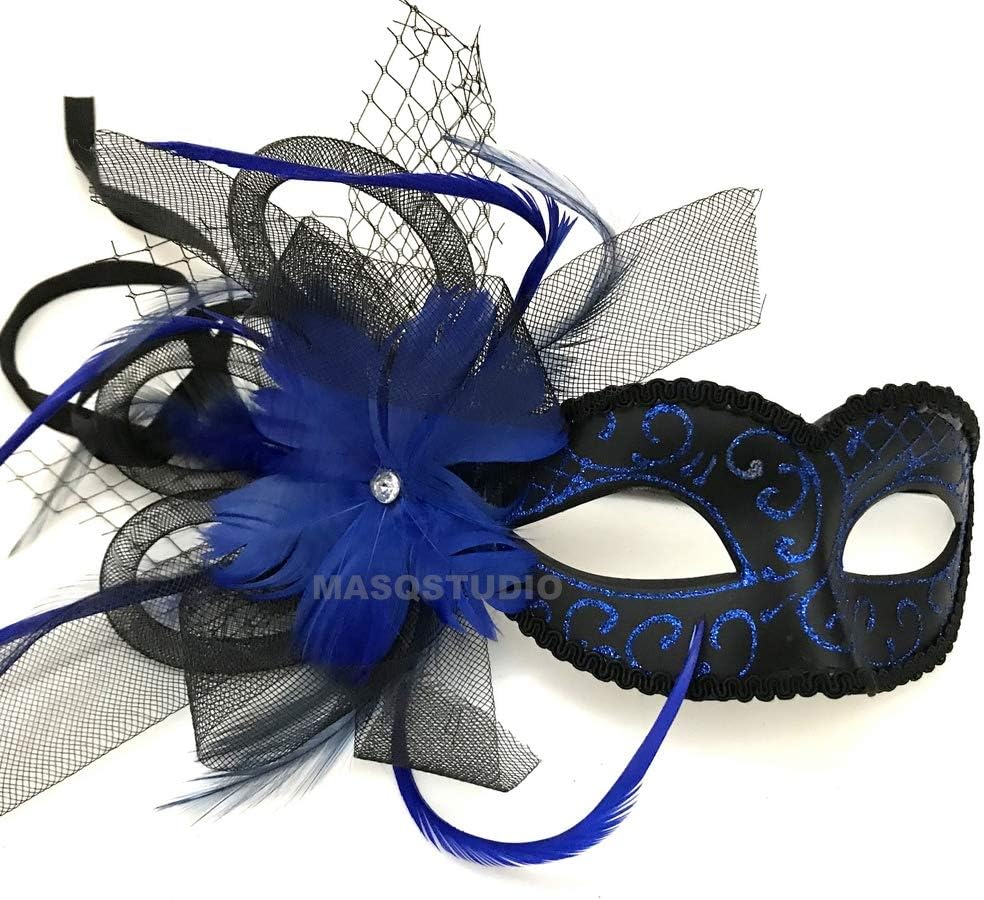 Couple Blue Masquerade Feather Netting Mask Pair Costume Carnival Party (Male mask only)