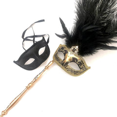 MASQ Couples Black Masquerade Stick Feather Mask Pair Cosplay Dance Prom Birthday Mardi Gras Party